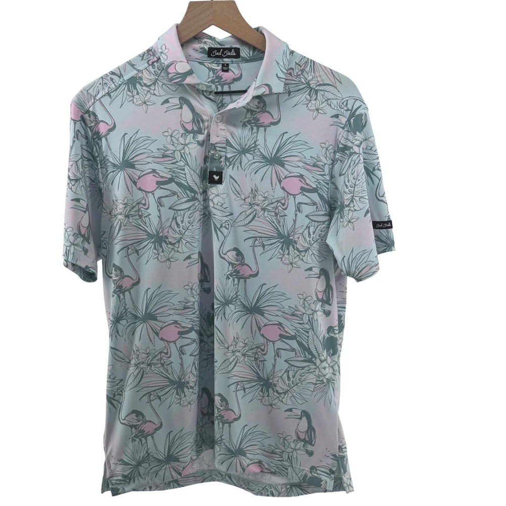 Bad Birdie Golf Polo Mens Small Blue Pink Flamingo Toucan‎ Tropical Performance